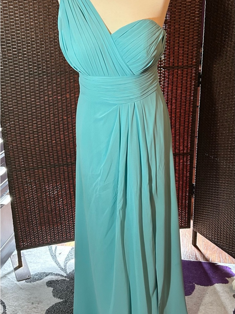 Bill Levkoff Teal One-Shoulder Evening Gown